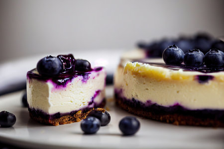 Delicate delicious cheesecake decorated with fresh blueberries on plateの素材