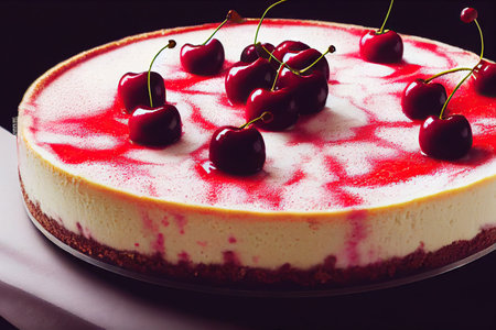 Delicious cheesecake with bright cherries drizzled with fruit syrupの素材