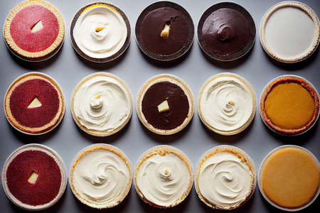 Delicious round little cheesecake laid out on tableの素材