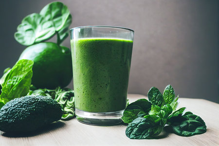 Glass of healthy thick detox juice with fresh herbsの素材