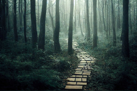 Duckboards path in forest in desert foggy forestの素材
