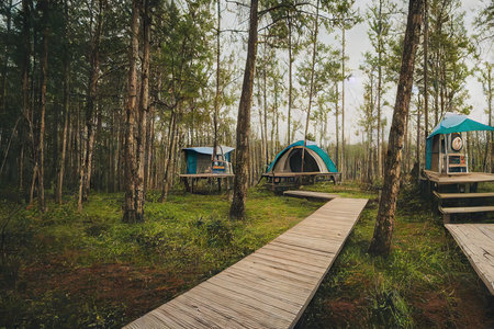 Duckboards path in forest leading to summer tourist campの素材