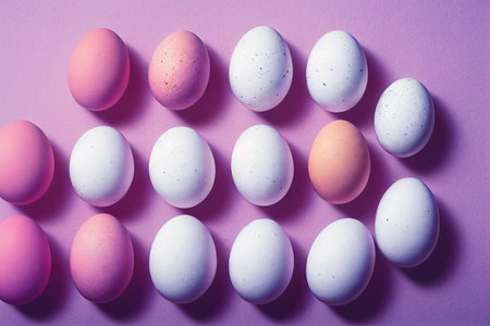 White and beige healthy chicken eggs lie on purple pink backgroundの素材