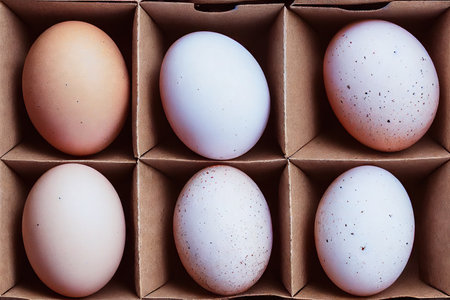 White and beige fresh eggs lie in rectangular boxの素材
