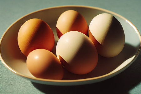 Several fresh chicken eggs lying in deep plateの素材