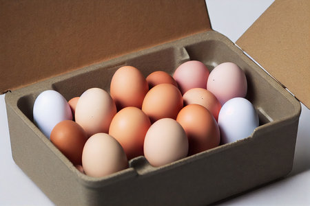 Eggs in rectangular cardboard box standing on tableの素材