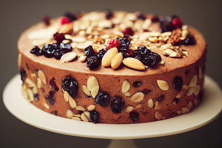 Delicious brown fruit cake with slices of dried fruit and nutsの素材