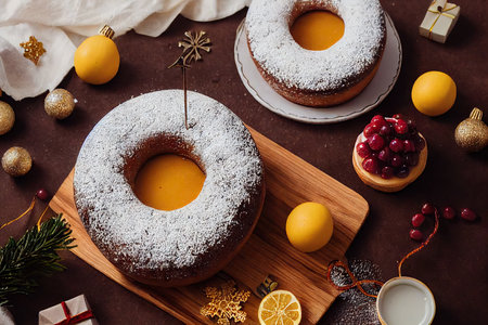 Sweet dessert in form of fruit cake for Christmas tableの素材