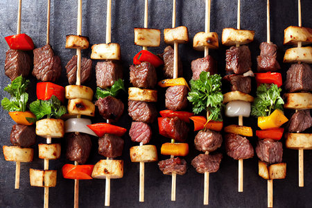 Smooth juicy pieces of meat grilled beef shishkabob and bright vegetablesの素材