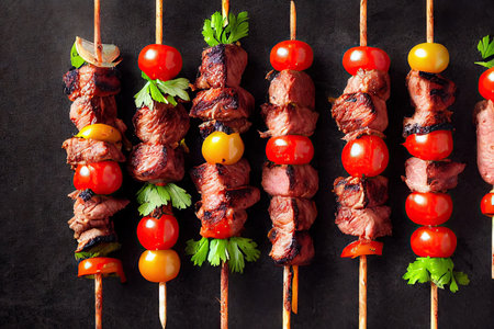 Smooth juicy pieces of meat grilled beef shishkabob and bright vegetablesの素材