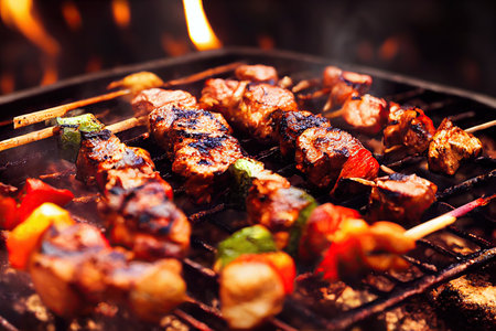 Fragrant grilled beef shishkabob on skewer with grilled vegetablesの素材