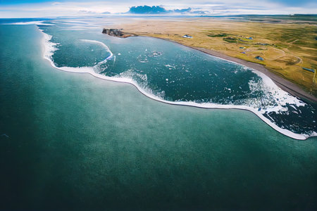 Clear turquoise water with white foam off coast of iceland beachの素材