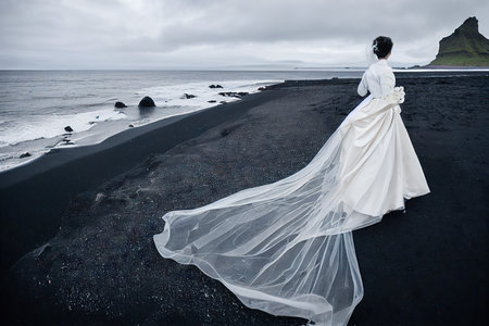 Bride in veil and white dress near ocean on iceland beachの素材