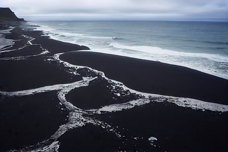 Calm cold sea near sandy shores of iceland beachの素材
