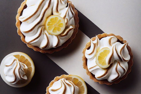 Homemade Lemon cake with meringue cream and lemon slices in shape of tableの素材