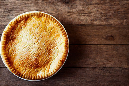 Round ruddy meat pie on rustic wooden tableの素材
