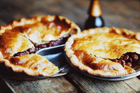 Pieces of hearty hot homemade meat pie on wooden tableの素材