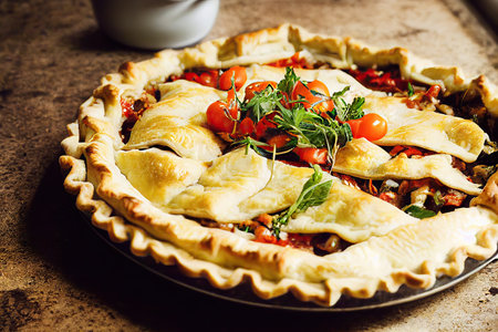 Homemade hot meat pie with juicy turkey fillingの素材