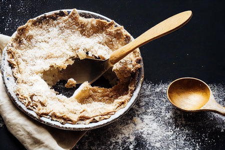 Closed baked homemade meat pie on wooden table in bowlの素材