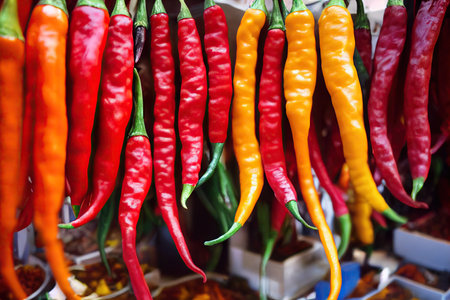 Thin yellow and red pepper hanging on rope for dryingの素材