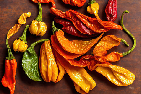 Bright yellow and red pepper hanging and lying on wooden tableの素材