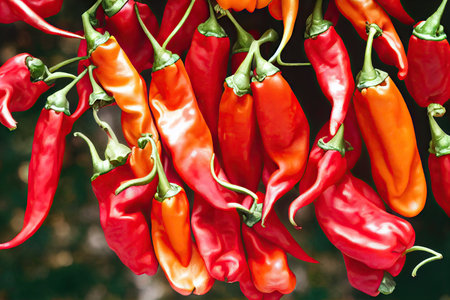 Appetizing shiny pods red pepper hangingの素材