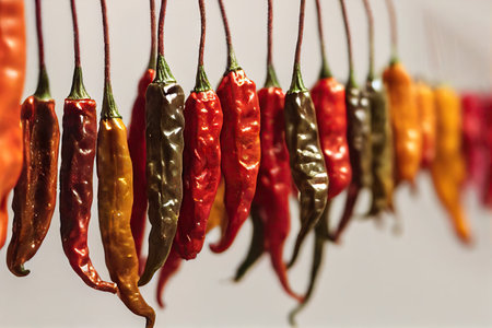 Long dried red pepper hanging on rope on gray backgroundの素材