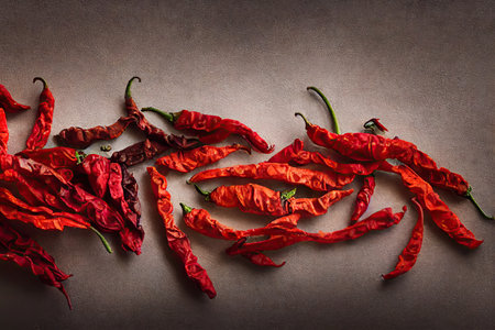Dried pods red pepper hanging and ready to eat on grey backgroundの素材