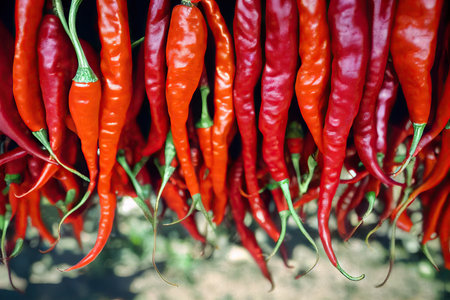 Yellow shiny and glossy red pepper hanging on drying ropeの素材