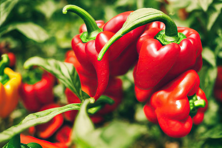 Ripe red pepper hanging with green stems and leavesの素材