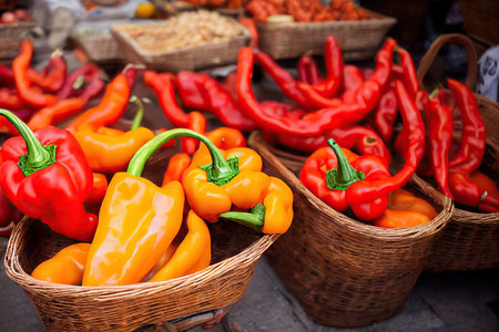 Beautiful fresh orange and red pepper hanging on market counterの素材