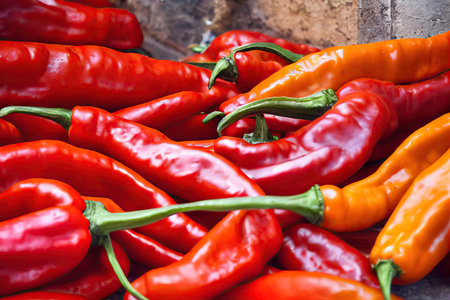 Beautiful glossy red hanging pepper for healthy eatingの素材