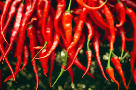 Brilliant ripe red pepper hanging in summer sunny gardenの素材