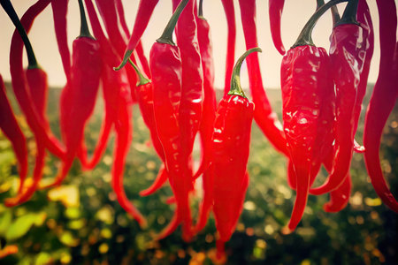 Brilliant ripe red pepper hanging in summer sunny gardenの素材