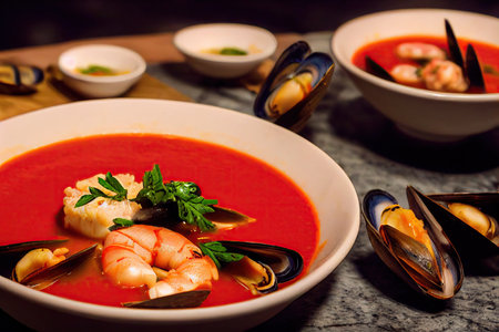 Seafood soup with mussels and tomato sauce in deep bowlの素材