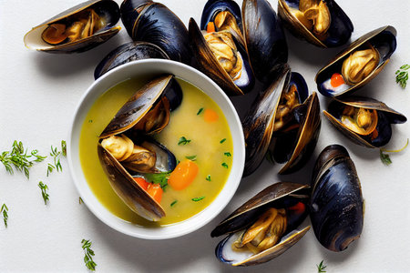 Rich hot seafood soup with mussels and herbsの素材