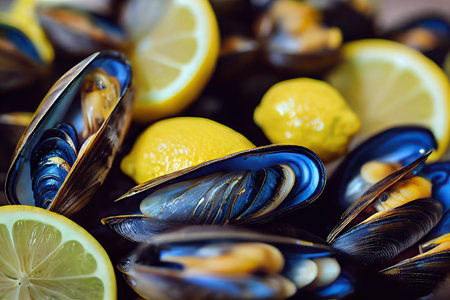 Light seafood soup with mussels and seafood with lemon slicesの素材