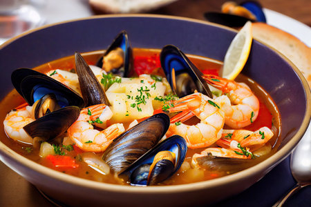 White deep bowl of seafood soup with mussels sprinkled with greensの素材