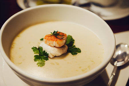 Delicate creamy seafood soup with mussels decorated with fried scallop and parsleyの素材