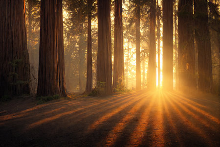 Low setting sun among trunks of sequoia forestの素材