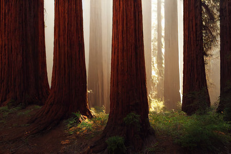 Giant redwood trees in haze of sequoia forestの素材