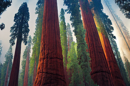 Huge tree trunks with red bark in sequoia forestの素材