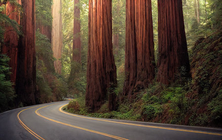 Forest path among tall trees in sequoia forestの素材