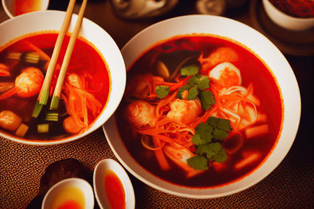 Table served for lunch with plate of tom yam soup and bowls with saucesの素材