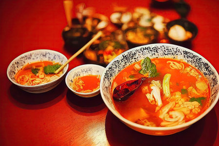 Dinner serving with plate of tomato tom yam soup and spicesの素材