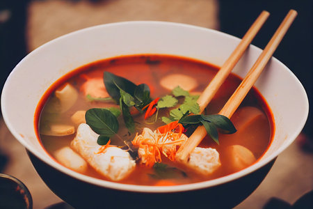 Fresh hot tom yam soup with seafood slices and fleshy shrimpの素材