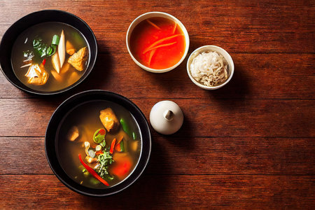 Tom yam soup in deep black bowls on dark table with bowls of sauceの素材