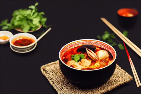 Tom yam soup in deep black bowls on dark table with bowls of sauceの素材