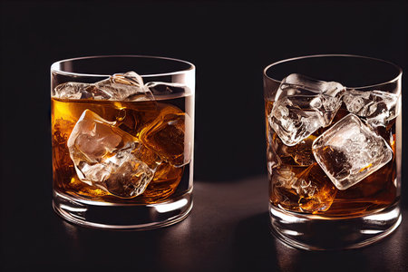 Whiskey-filled glass with ice cubes and golden whiskeyの素材