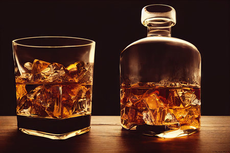 Whiskey glass with ice and drink next to glass bottleの素材